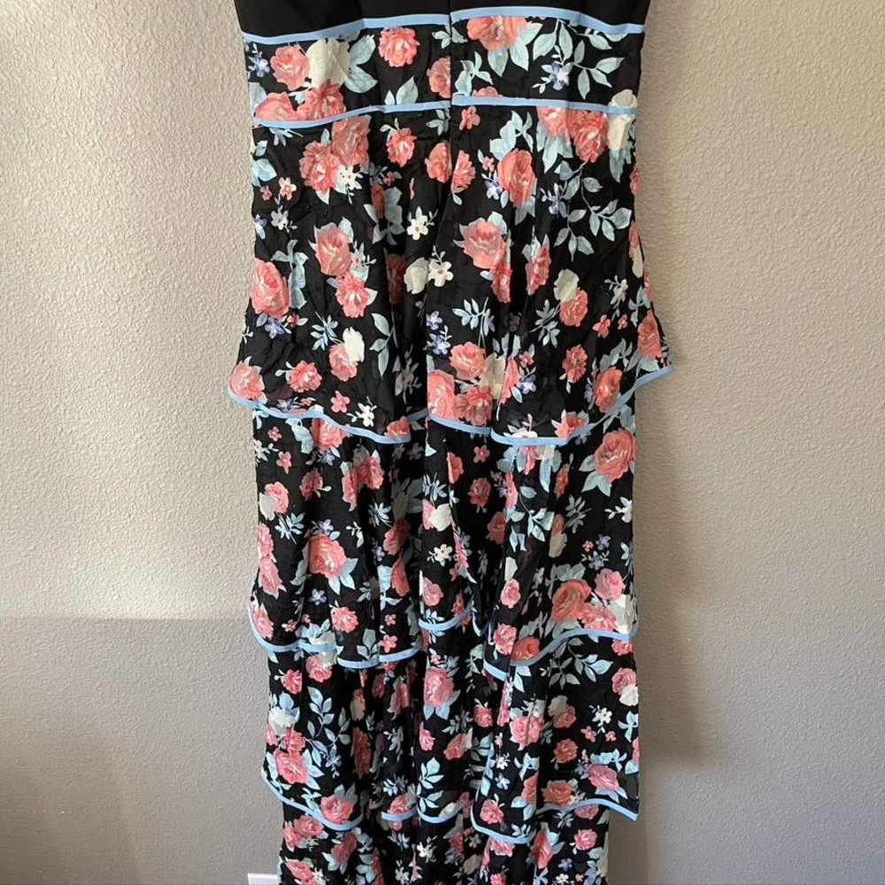 Foxiedox Darlene Ruffle Tiered Floral Print Keyhole Bodice Maxi Formal Dress Lrg - Picture 11 of 12